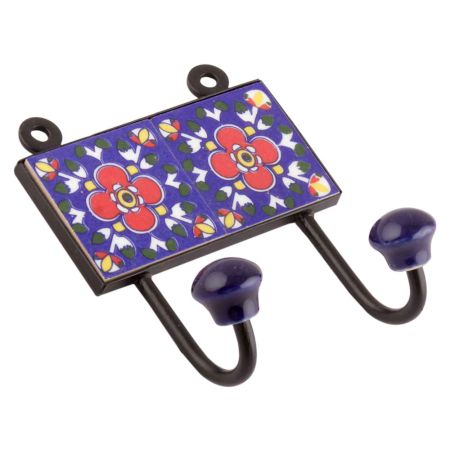Navy Blue And Red Ceramic Floral Tiles Hooks